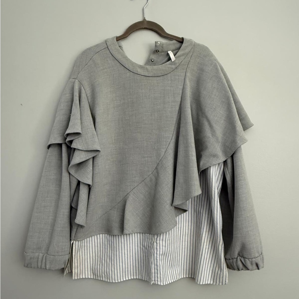 Zara Gray Ruffled Blouse with Striped Detail